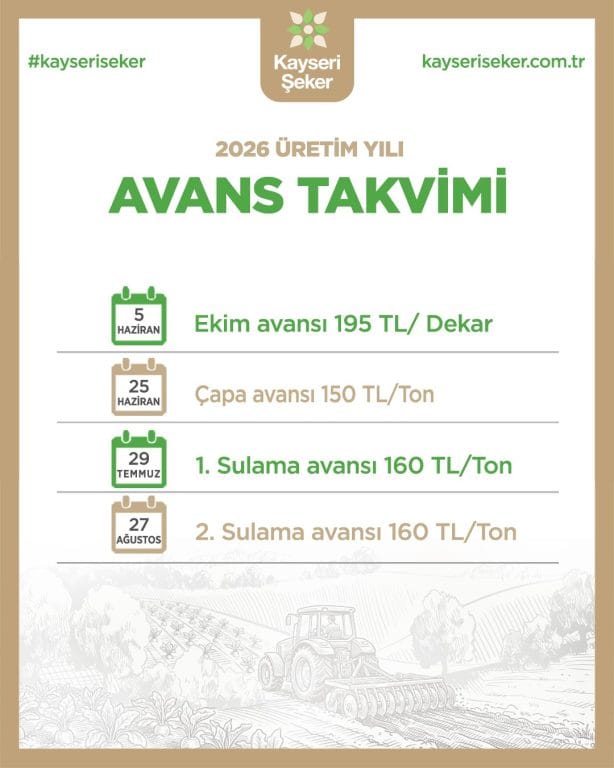 KAYSERİ ŞEKER 2026 ÜRETİM YILI AVANS TAKVİMİNİ AÇIKLADI